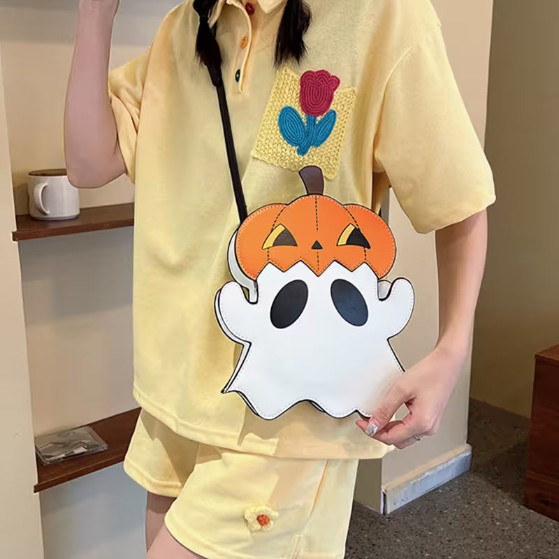 Halloween Purse 3D Cartoon Pumpkin Ghost Design – Spooky Cute Novelty Bag, Silver Zip, Adjustable Strap