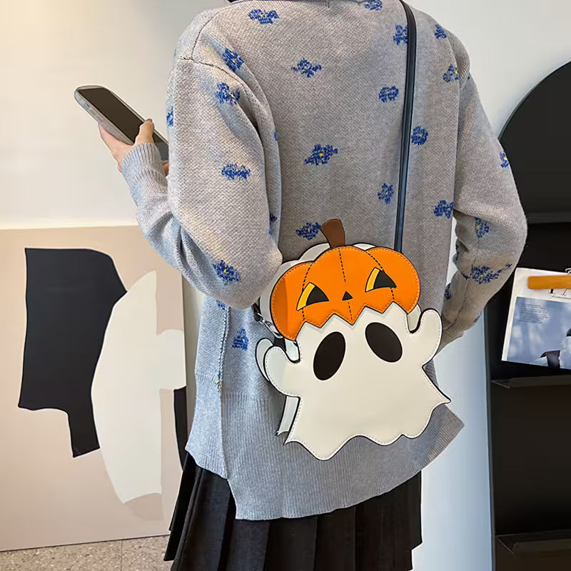 Halloween Purse 3D Cartoon Pumpkin Ghost Design – Spooky Cute Novelty Bag, Silver Zip, Adjustable Strap