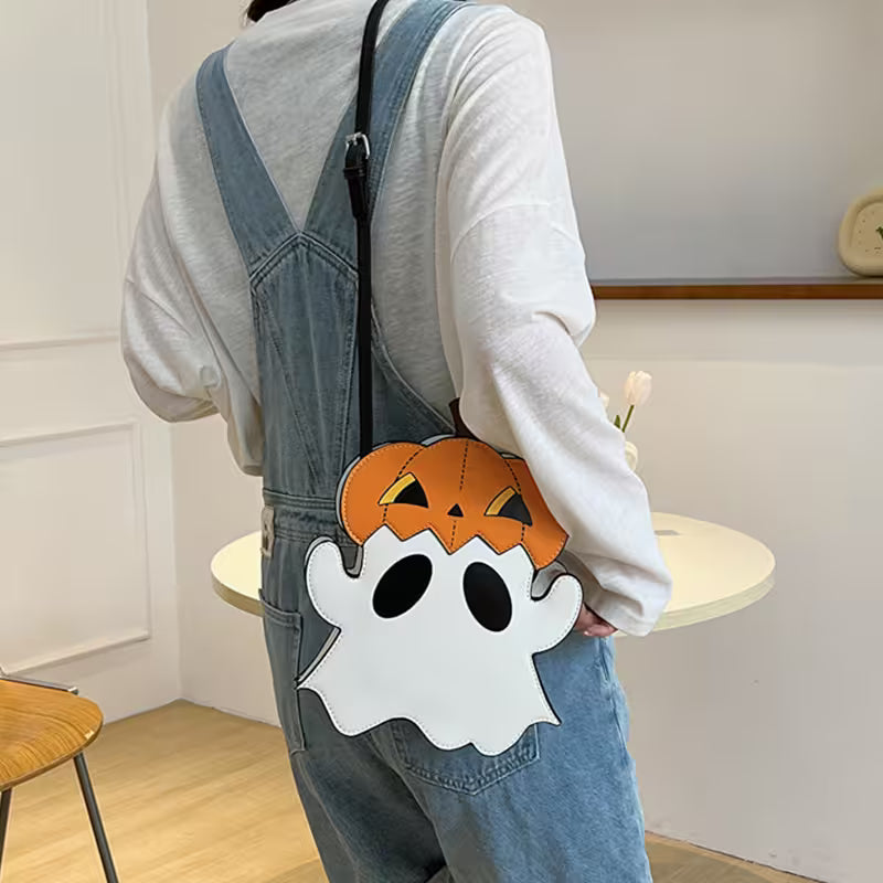 Halloween Purse 3D Cartoon Pumpkin Ghost Design – Spooky Cute Novelty Bag, Silver Zip, Adjustable Strap