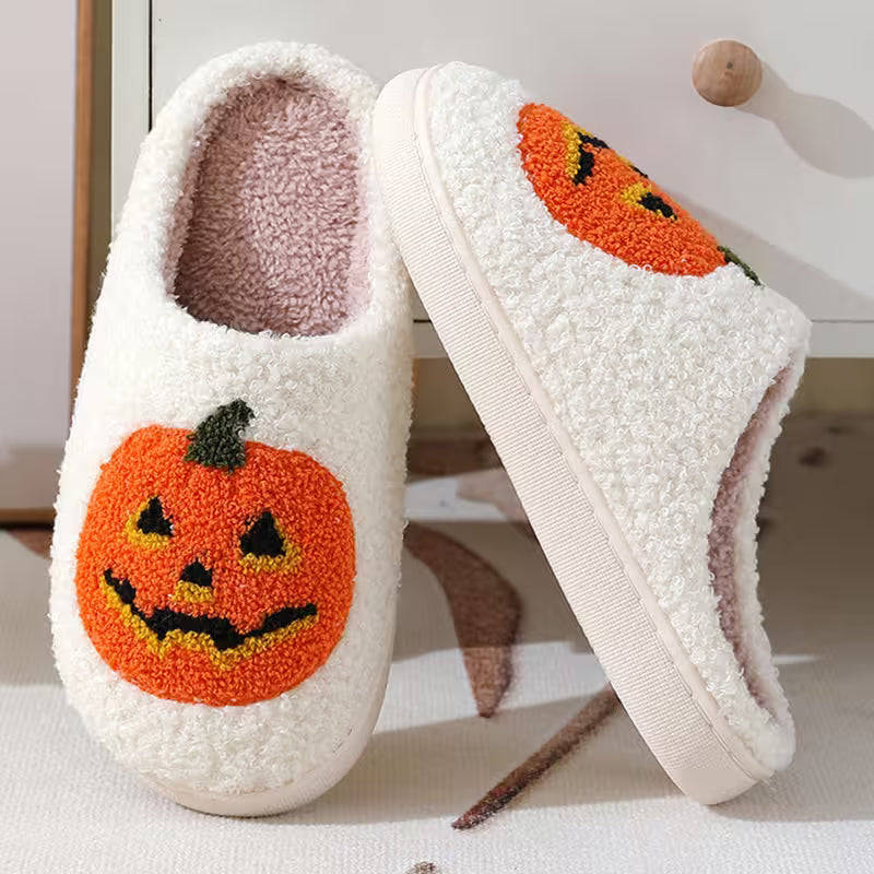 Halloween Slippers with Pumpkin Design – Fuzzy Closed-Toe, Slip-On House Slippers in Black or White for Spooky Season Lounging