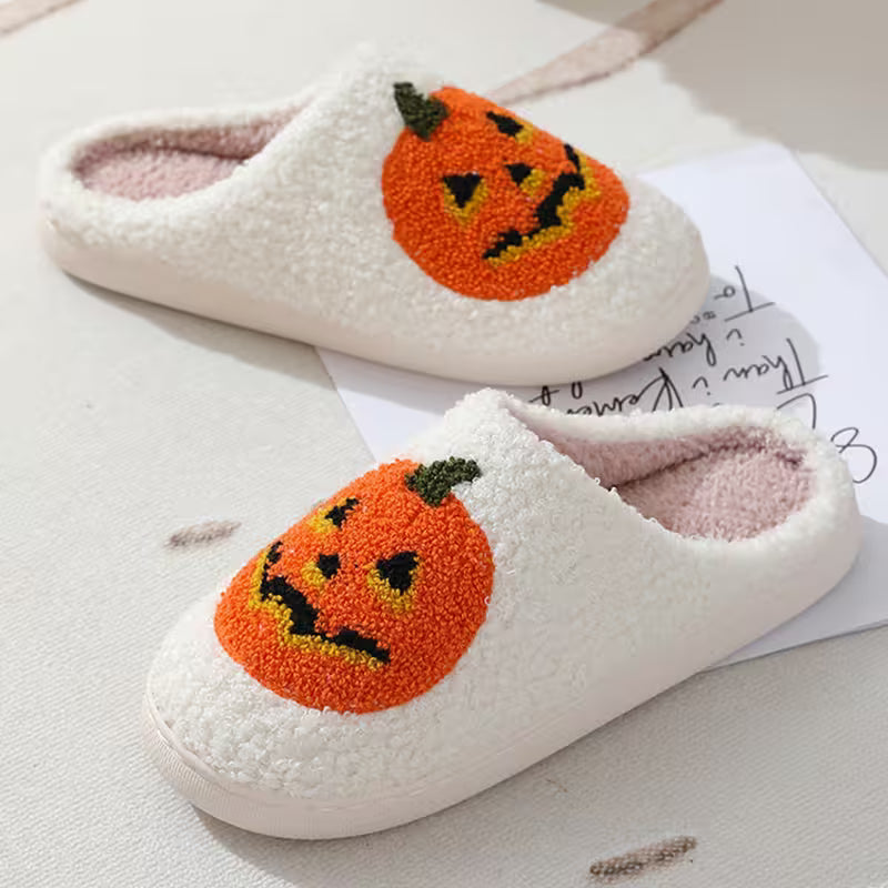 Halloween Slippers with Pumpkin Design – Fuzzy Closed-Toe, Slip-On House Slippers in Black or White for Spooky Season Lounging