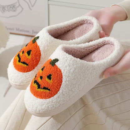 Halloween Slippers with Pumpkin Design – Fuzzy Closed-Toe, Slip-On House Slippers in Black or White for Spooky Season Lounging