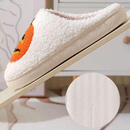 Halloween Slippers with Pumpkin Design – Fuzzy Closed-Toe, Slip-On House Slippers in Black or White for Spooky Season Lounging