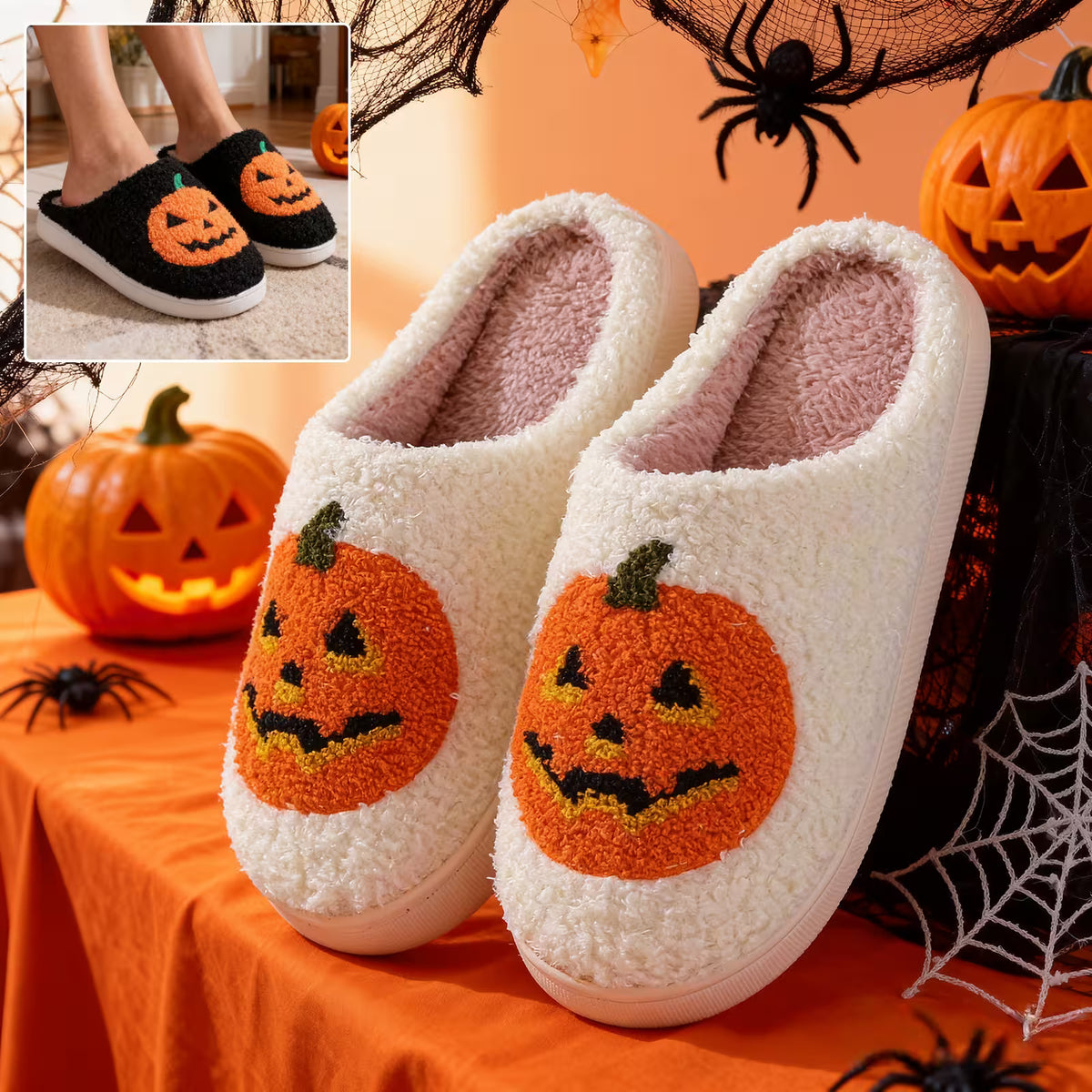 Halloween Slippers with Pumpkin Design – Fuzzy Closed-Toe, Slip-On House Slippers in Black or White for Spooky Season Lounging