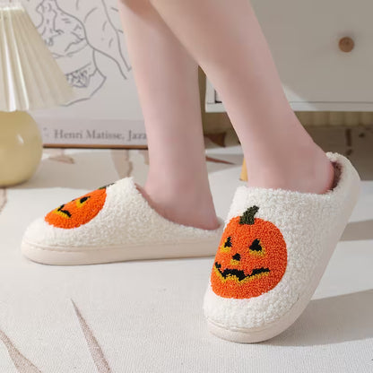 Halloween Slippers with Pumpkin Design – Fuzzy Closed-Toe, Slip-On House Slippers in Black or White for Spooky Season Lounging