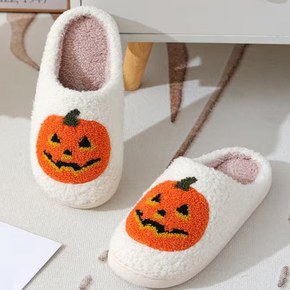 Halloween Slippers with Pumpkin Design – Fuzzy Closed-Toe, Slip-On House Slippers in Black or White for Spooky Season Lounging