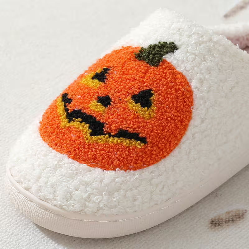 Halloween Slippers with Pumpkin Design – Fuzzy Closed-Toe, Slip-On House Slippers in Black or White for Spooky Season Lounging