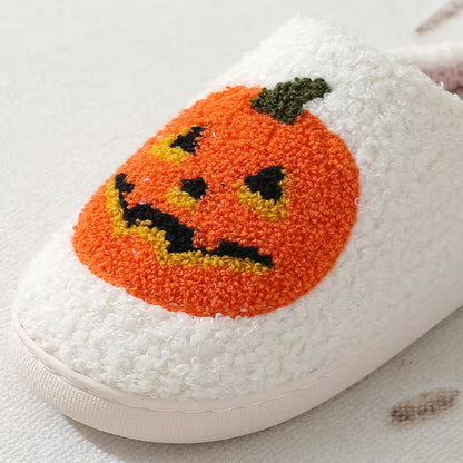 Halloween Slippers with Pumpkin Design – Fuzzy Closed-Toe, Slip-On House Slippers in Black or White for Spooky Season Lounging