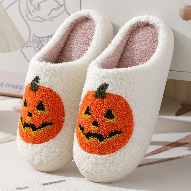 Halloween Slippers with Pumpkin Design – Fuzzy Closed-Toe, Slip-On House Slippers in Black or White for Spooky Season Lounging
