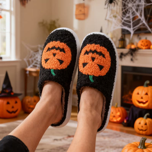 Halloween Slippers with Pumpkin Design – Fuzzy Closed-Toe, Slip-On House Slippers in Black or White for Spooky Season Lounging