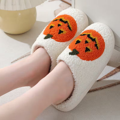Halloween Slippers with Pumpkin Design – Fuzzy Closed-Toe, Slip-On House Slippers in Black or White for Spooky Season Lounging