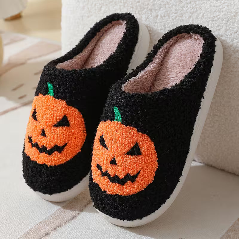 Halloween Slippers with Pumpkin Design – Fuzzy Closed-Toe, Slip-On House Slippers in Black or White for Spooky Season Lounging