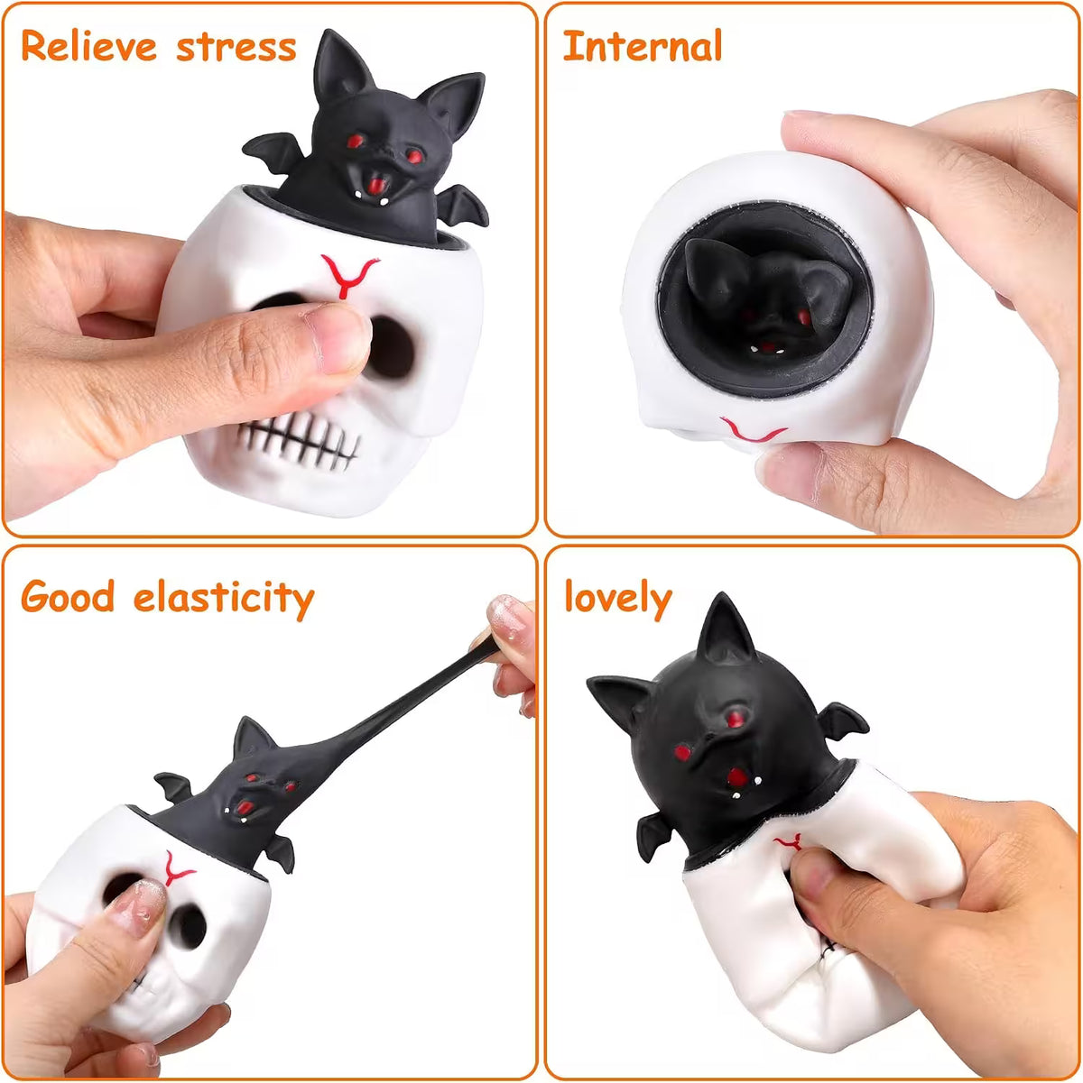 Halloween Squishy Toys – Squeeze-to-Reveal Skull with Pop-Up Bat | Mini Spooky Fidget Toy for Desk Play & Halloween Party