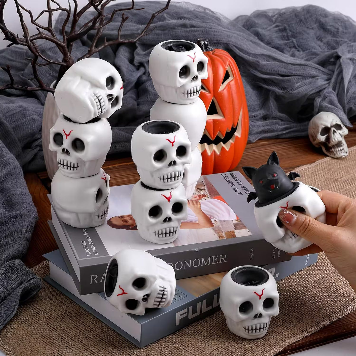 Halloween Squishy Toys – Squeeze-to-Reveal Skull with Pop-Up Bat | Mini Spooky Fidget Toy for Desk Play & Halloween Party