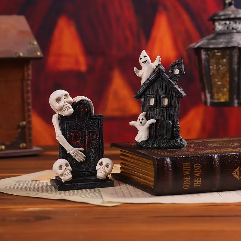 Halloween Tabletop Decor – 6 Ghost, Skeleton & Haunted House Designs | Mini Figurines for Gothic Shelves & Spooky Party Displays