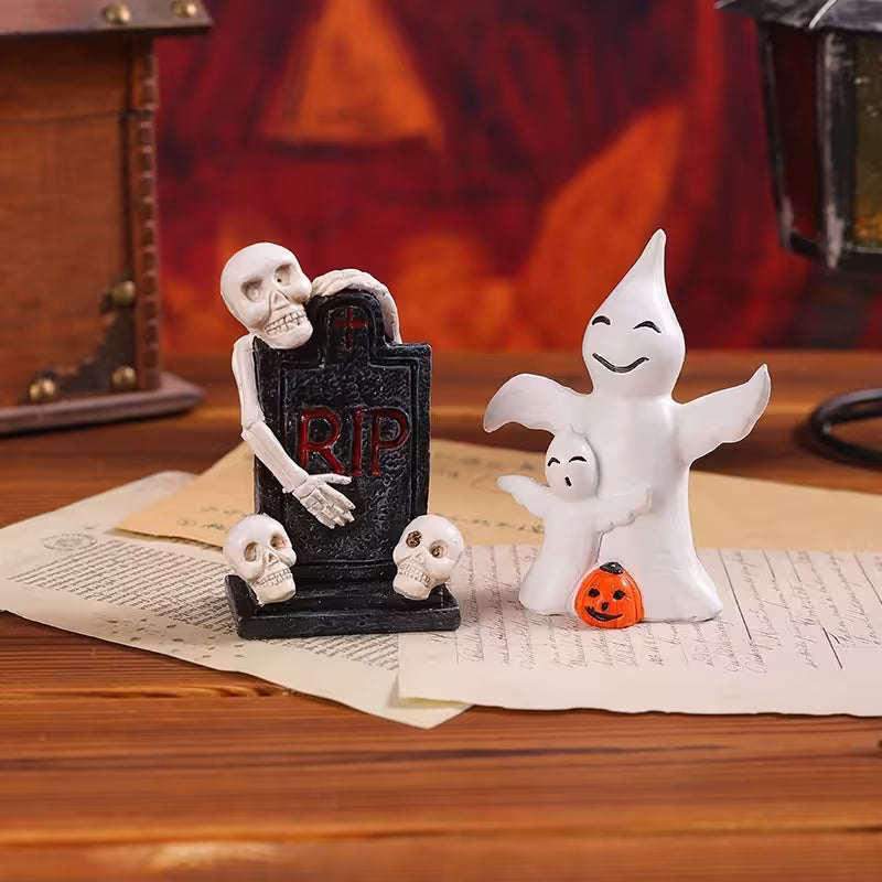 Halloween Tabletop Decor – 6 Ghost, Skeleton & Haunted House Designs | Mini Figurines for Gothic Shelves & Spooky Party Displays