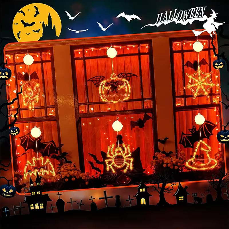 Halloween Window Lights – 7-Piece Suction Cup Set, Pumpkin Ghost Spider Witch Hat Bat & Eyeball, Battery Powered