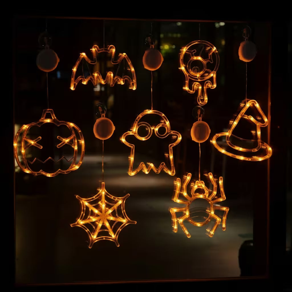 Halloween Window Lights – 7-Piece Suction Cup Set, Pumpkin Ghost Spider Witch Hat Bat & Eyeball, Battery Powered