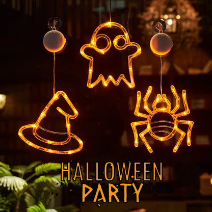 Halloween Window Lights – 7-Piece Suction Cup Set, Pumpkin Ghost Spider Witch Hat Bat & Eyeball, Battery Powered
