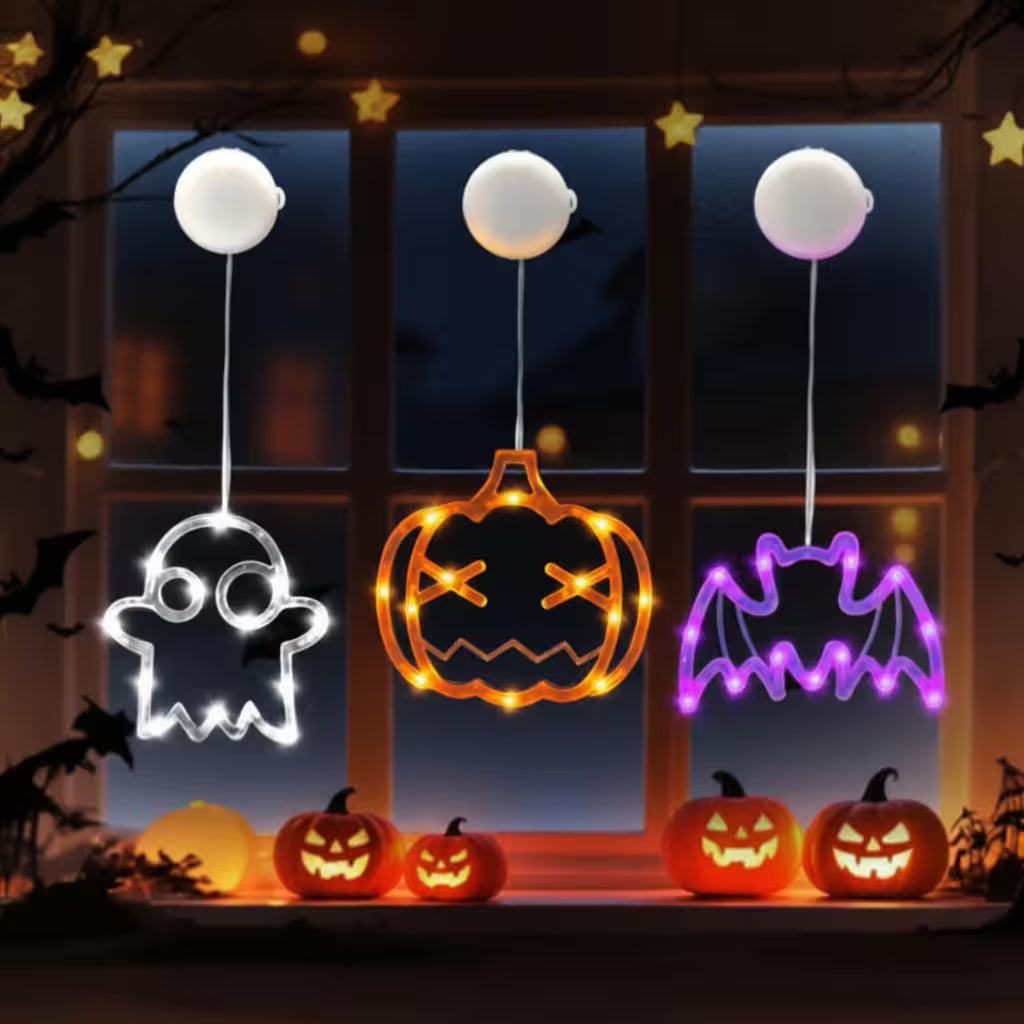 Halloween Window Lights – 7-Piece Suction Cup Set, Pumpkin Ghost Spider Witch Hat Bat & Eyeball, Battery Powered