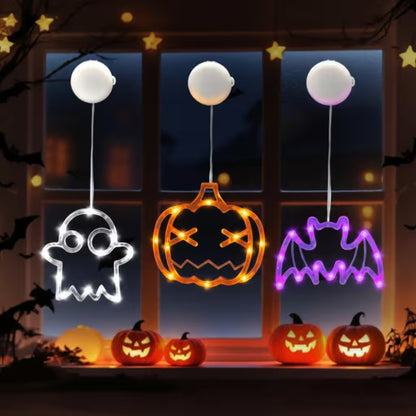 Halloween Window Lights – 7-Piece Suction Cup Set, Pumpkin Ghost Spider Witch Hat Bat & Eyeball, Battery Powered