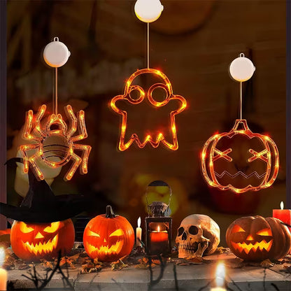 Halloween Window Lights – 7-Piece Suction Cup Set, Pumpkin Ghost Spider Witch Hat Bat & Eyeball, Battery Powered