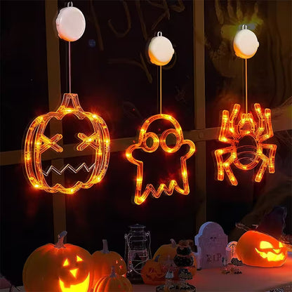 Halloween Window Lights – 7-Piece Suction Cup Set, Pumpkin Ghost Spider Witch Hat Bat & Eyeball, Battery Powered