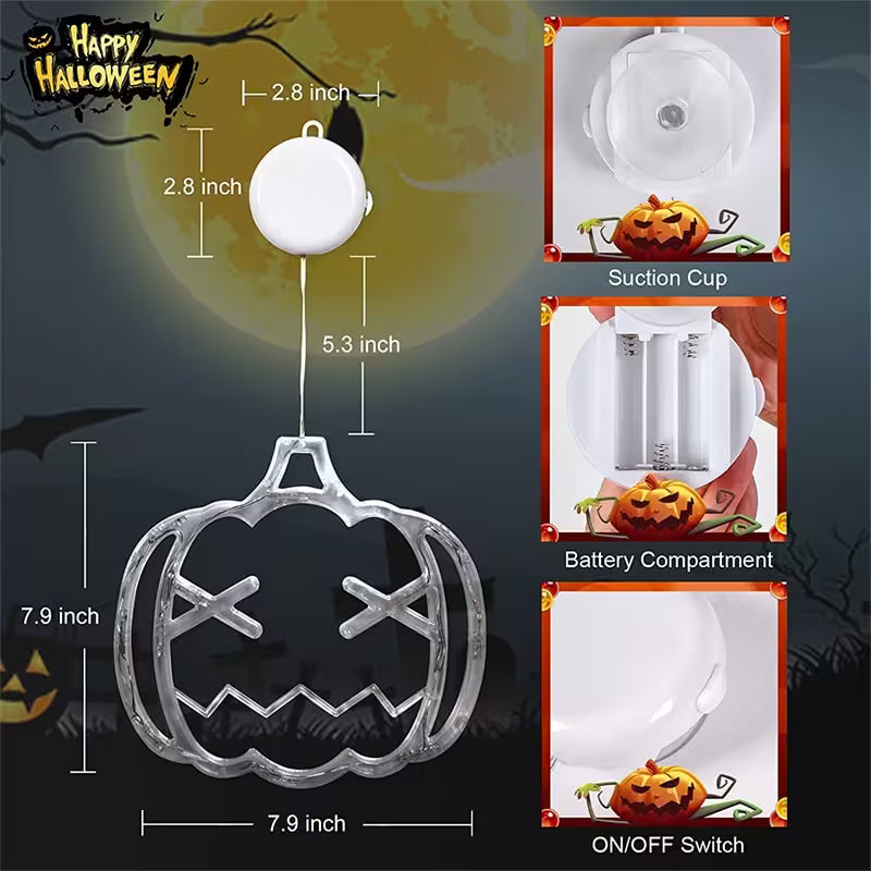Halloween Window Lights – 7-Piece Suction Cup Set, Pumpkin Ghost Spider Witch Hat Bat & Eyeball, Battery Powered
