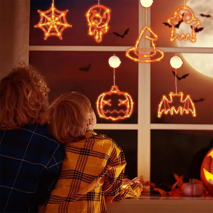Halloween Window Lights – 7-Piece Suction Cup Set, Pumpkin Ghost Spider Witch Hat Bat & Eyeball, Battery Powered
