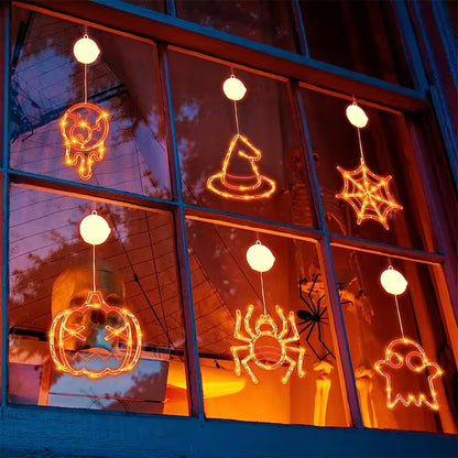 Halloween Window Lights – 7-Piece Suction Cup Set, Pumpkin Ghost Spider Witch Hat Bat & Eyeball, Battery Powered