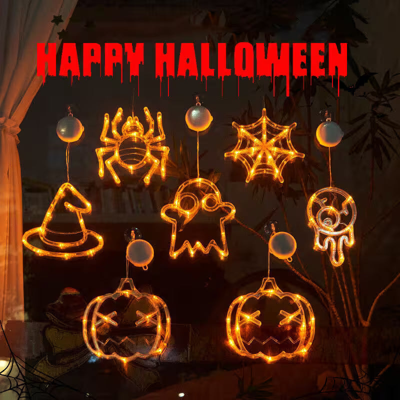 Halloween Window Lights – 7-Piece Suction Cup Set, Pumpkin Ghost Spider Witch Hat Bat & Eyeball, Battery Powered