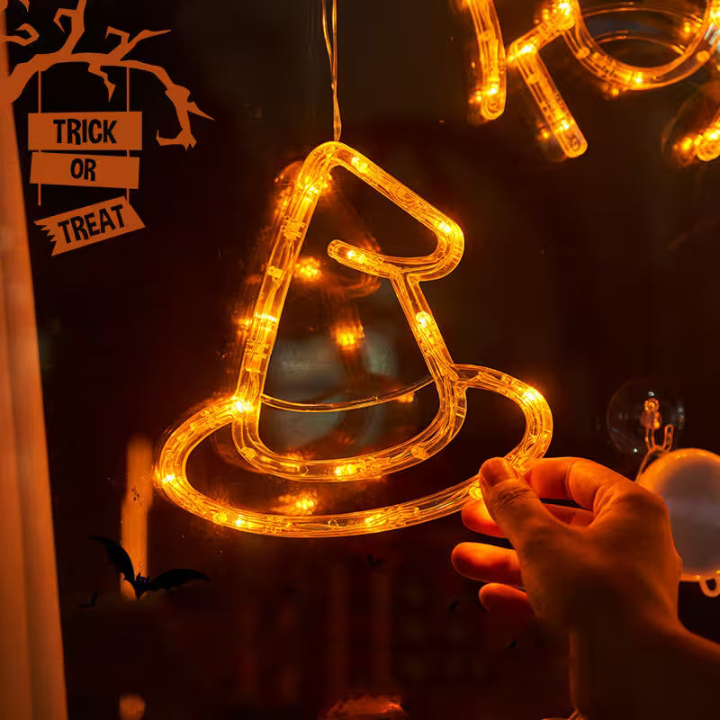 Halloween Window Lights – 7-Piece Suction Cup Set, Pumpkin Ghost Spider Witch Hat Bat & Eyeball, Battery Powered