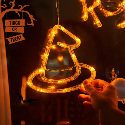 Halloween Window Lights – 7-Piece Suction Cup Set, Pumpkin Ghost Spider Witch Hat Bat & Eyeball, Battery Powered