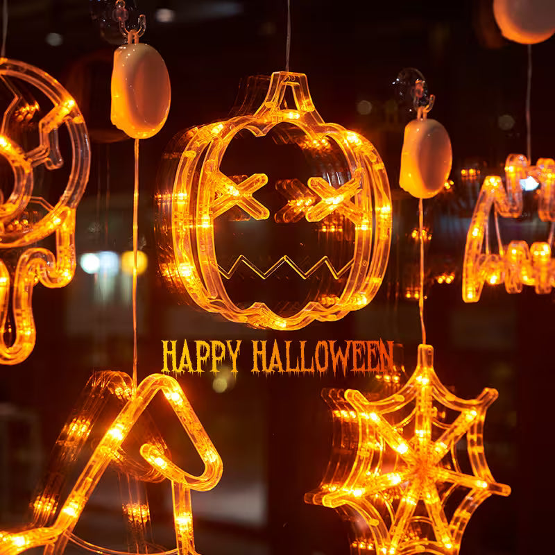 Halloween Window Lights – 7-Piece Suction Cup Set, Pumpkin Ghost Spider Witch Hat Bat & Eyeball, Battery Powered