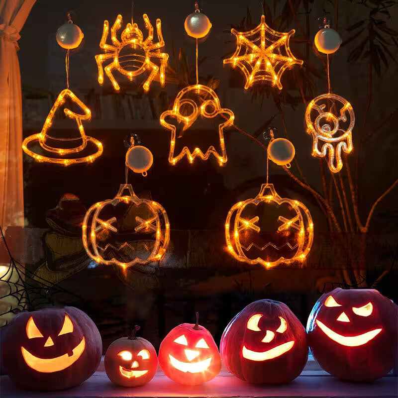 Halloween Window Lights – 7-Piece Suction Cup Set, Pumpkin Ghost Spider Witch Hat Bat & Eyeball, Battery Powered