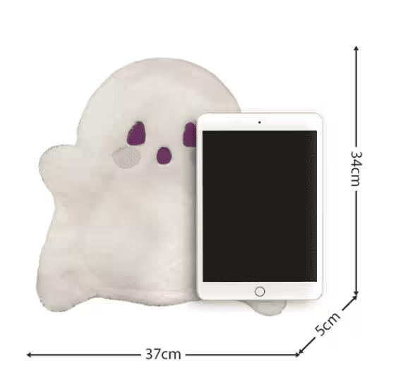 Ghost-shaped phone holder with an iPad on a white background, showing dimensions.