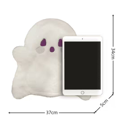 Ghost-shaped phone holder with an iPad on a white background, showing dimensions.