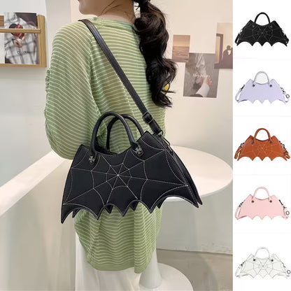 Black bat-shaped handbag worn by a person, with color options displayed on the right.