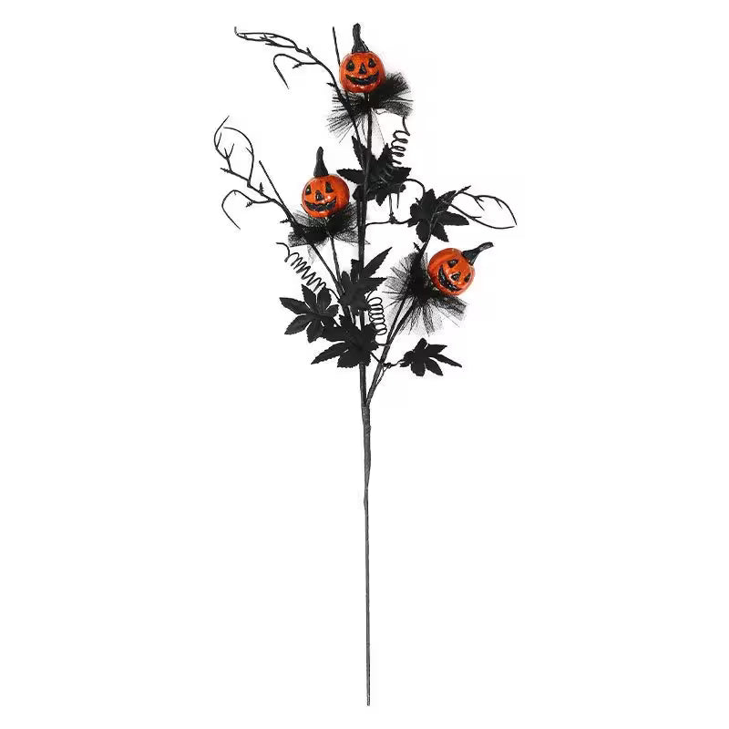 Halloween decorative stem with pumpkins and black leaves on a white background