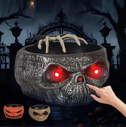 Halloween-themed decorative bowl with glowing red eyes and a hand reaching towards it, set against a dark, eerie background.