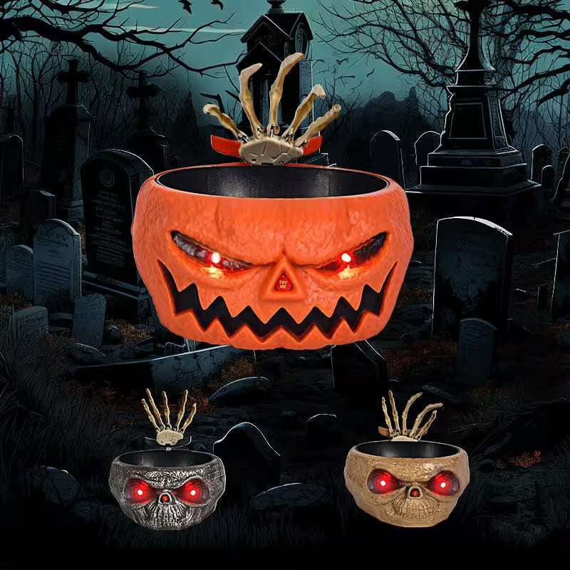 Halloween-themed pumpkin with glowing red eyes in a dark cemetery setting