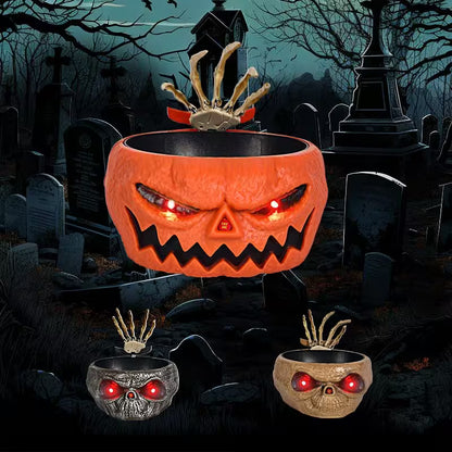 Halloween-themed pumpkin with glowing red eyes in a dark cemetery setting