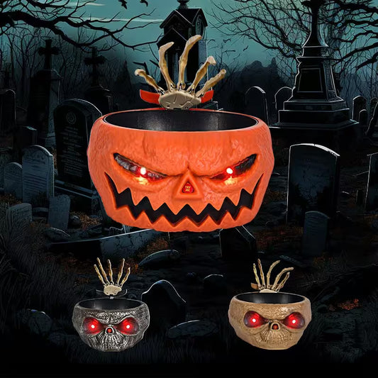 Halloween-themed pumpkin with glowing red eyes in a dark cemetery setting