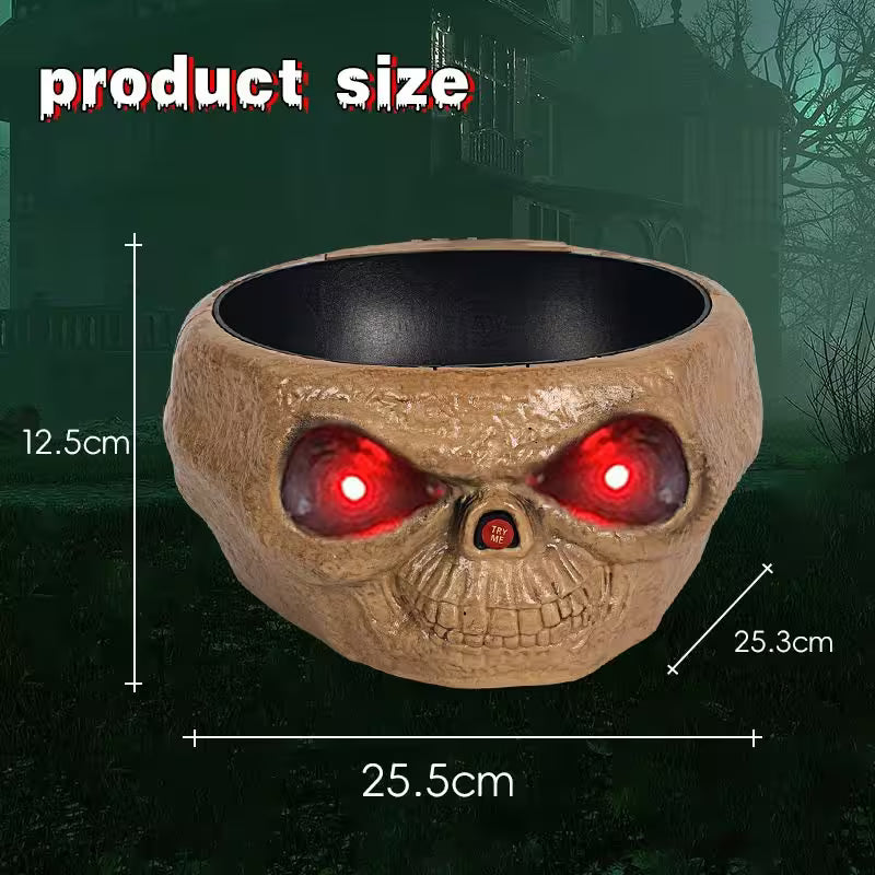 Skull-shaped bowl with glowing red eyes on a Halloween-themed background