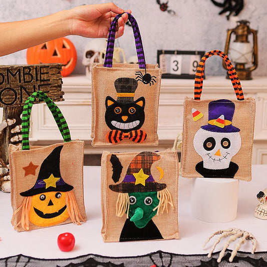 Halloween-themed burlap bags with decorative figures on a festive background.