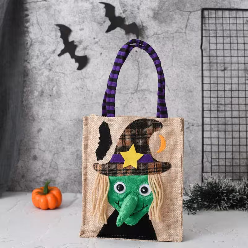 Halloween-themed tote bag with a witch design on a neutral background