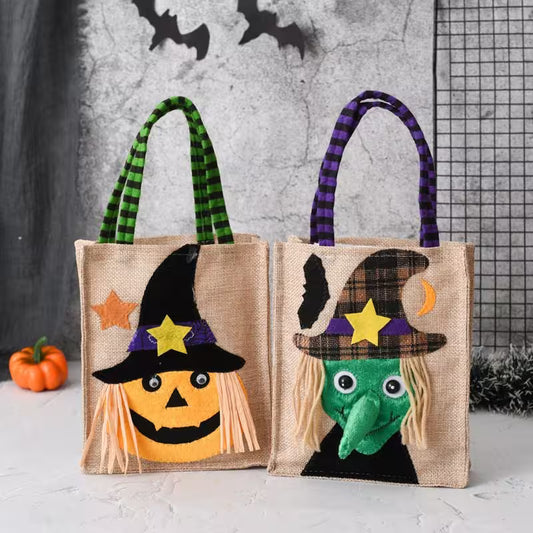Two Halloween-themed burlap bags with witch and pumpkin designs on a neutral background.