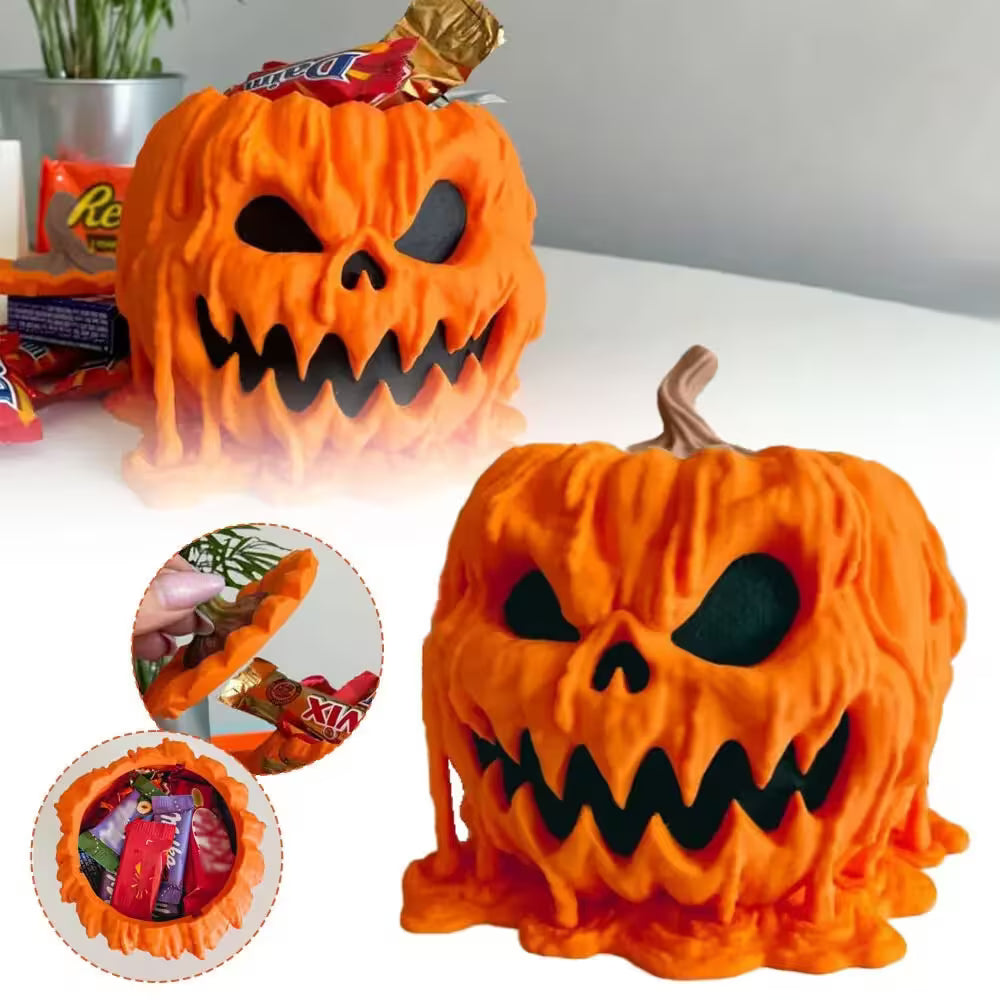 Halloween-themed candy container with a smiling face design on a white surface.