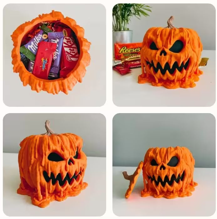 Four images of a Halloween-themed cake with candy inside, including a jack-o'-lantern face.
