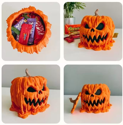 Four images of a Halloween-themed cake with candy inside, including a jack-o'-lantern face.